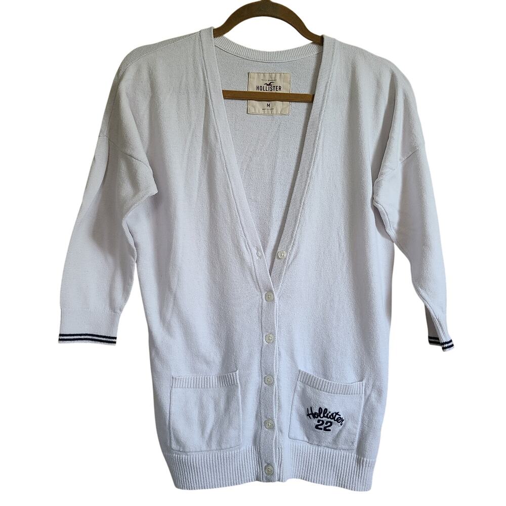 Hollister Button‎ Down V Neck Cardigan Womens M White Tennis Y2K Preppy Layering